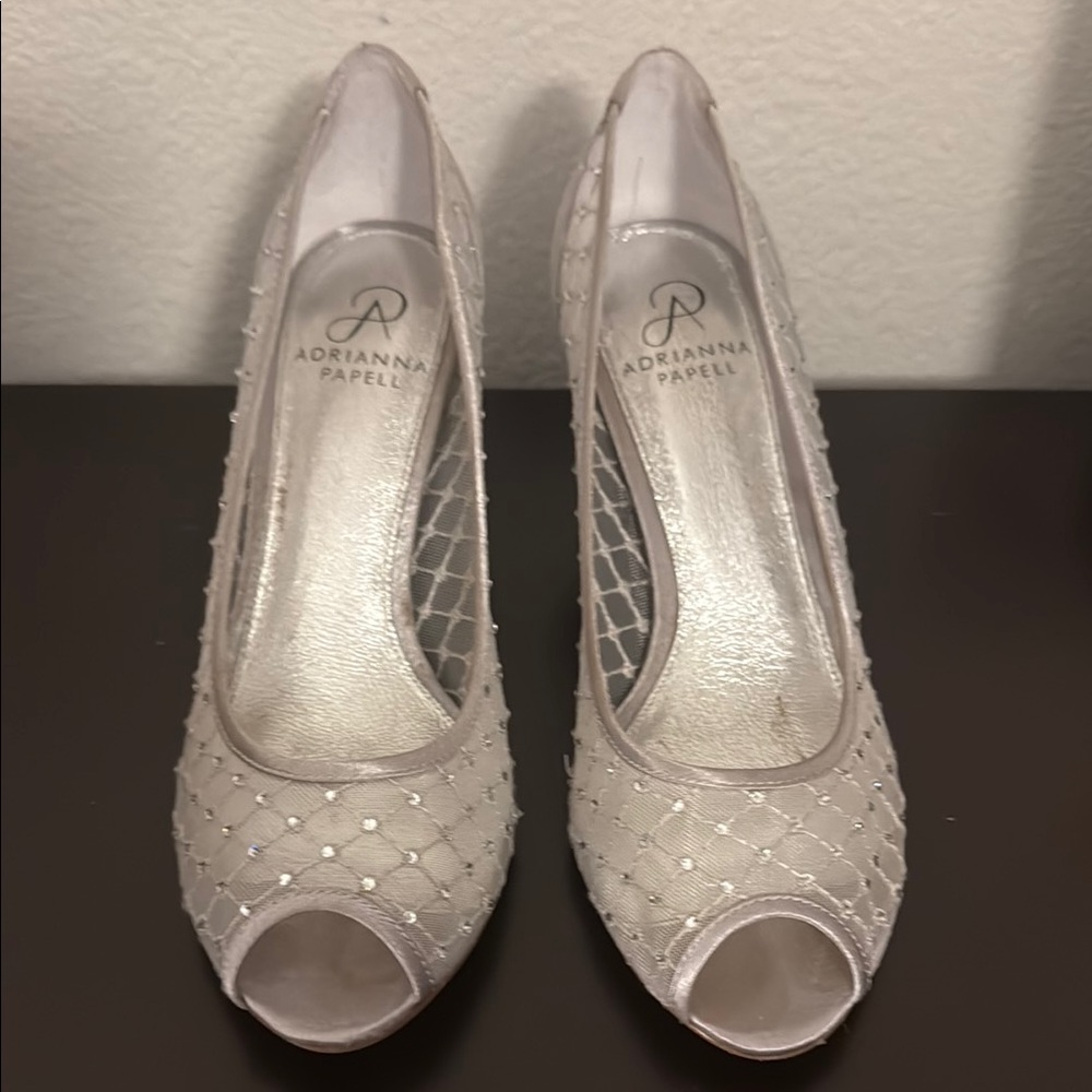 Adrianna Papell Light Silver Beaded Peep-Toe Heels